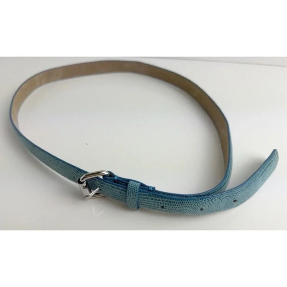 Ann Taylor Blue Lizard‎ Embossed Genuine Leather Slim Belt Silver Buckle S 47-85
